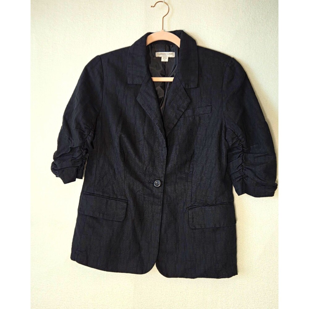 Coldwater Creek Women's Black Linen Blend Blazer 12P One-Button Lined Notch